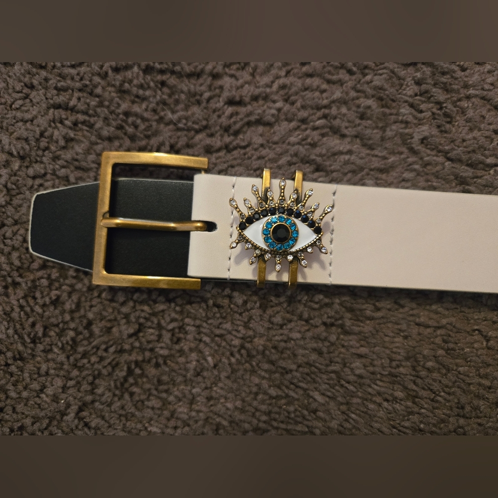 Kurt Geiger White Belt with Gold Evil Eye Buckle